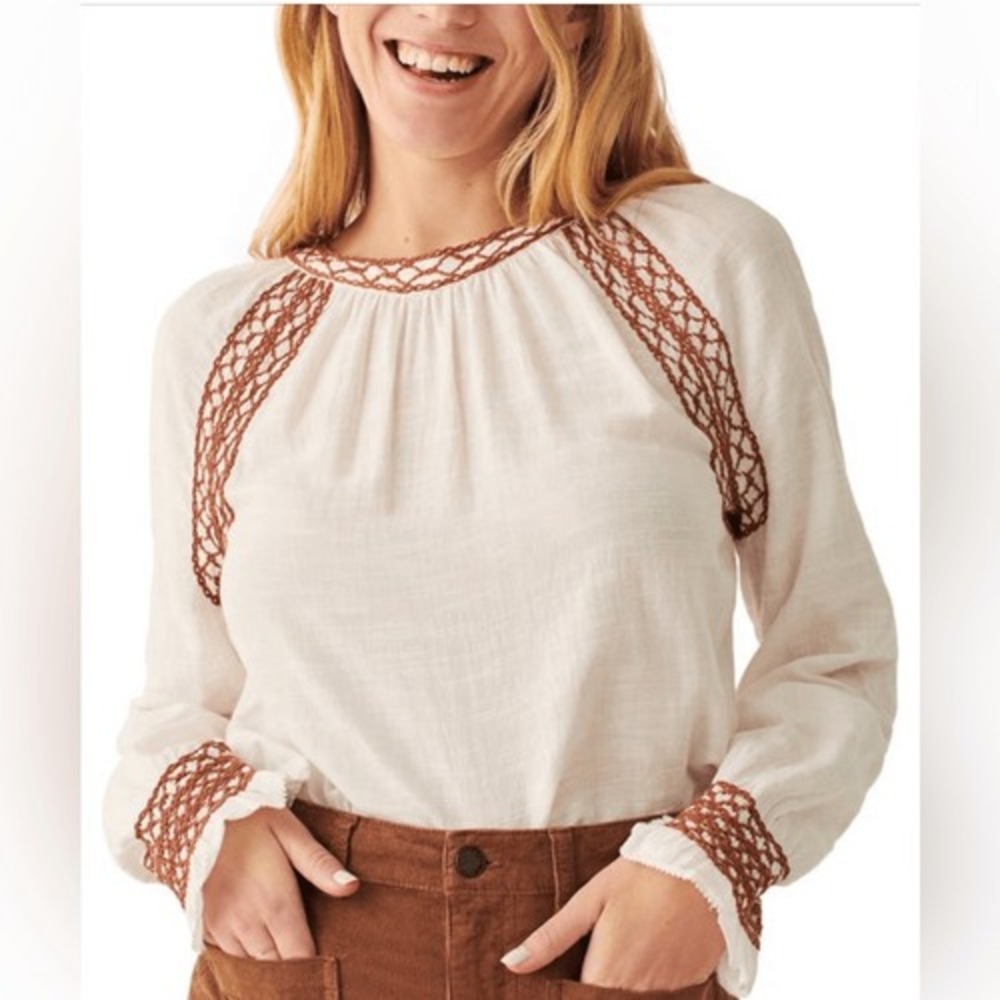 Faherty Arles‎ Embroidered Long Sleeve Top, Renaissance, Beige, Small (4/6), NWT